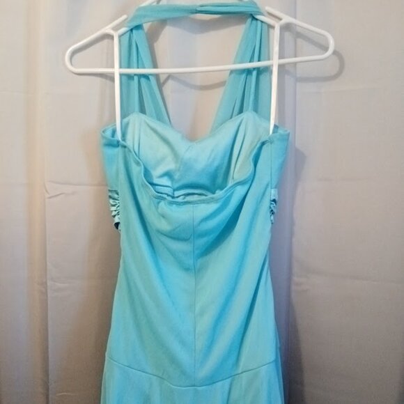 TABOO Formal Dress sz M Chiffon Midi Halter Aqua Blue sexy Wedding Prom Stretch! - Picture 9 of 11